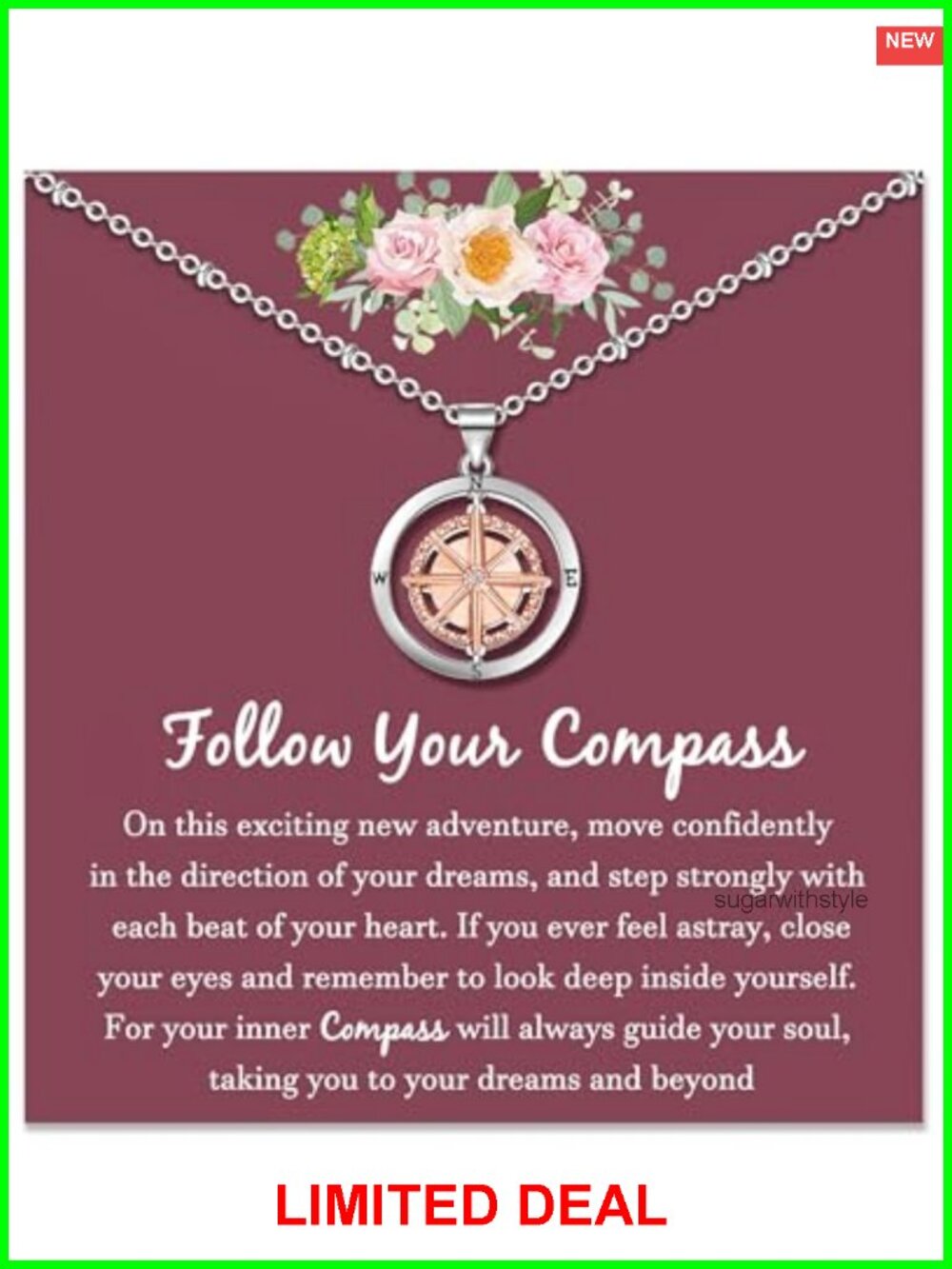 Compass Necklace Stainless Steel Inspirational Pendant Gift for Women